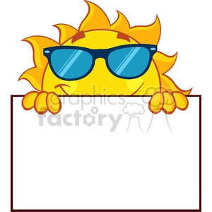 royalty free rf clipart illustration cheerful sun cartoon mascot character with sunglasses over a sign blank board vector illustration isolated on white background