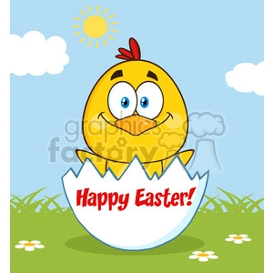 royalty free rf clipart illustration happy yellow chick cartoon character hatching from an egg vector illustration greeting card