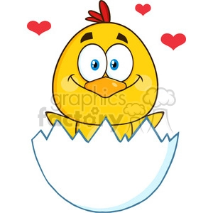 royalty free rf clipart illustration happy yellow chick cartoon character hatching from an egg with hearts vector illustration isolated on white