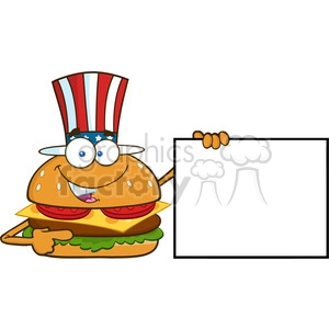 illustration american burger cartoon mascot character pointing to a blank sign banner vector illustration isolated on white background