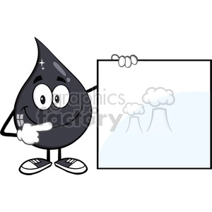 royalty free rf clipart illustration happy petroleum or oil drop cartoon character holding and pointing to a blank sign vector illustration isolated on white background