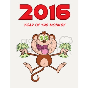 royalty free rf clipart illustration greedy monkey cartoon character jumping with cash money and dollar eyes vector illustration new year greeting card