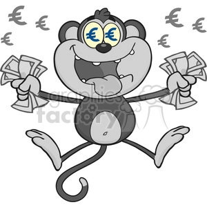 royalty free rf clipart illustration rich monkey cartoon character jumping with cash money and euro eyes gray color vector illustration isolated on white