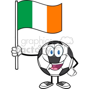 happy soccer ball cartoon mascot character holding a flag of the republic of ireland vector illustration isolated on white background