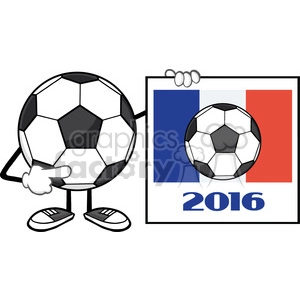 pointing soccer ball cartoon mascot character pointing to a sign with france flag and 2016 year vector illustration isolated on white background
