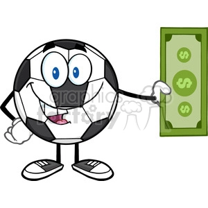 cute soccer ball cartoon mascot character holding cash money vector illustration isolated on white background