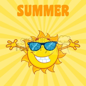 smiling sun cartoon mascot character with sunglasses and open arms vector illustration with background and text summer