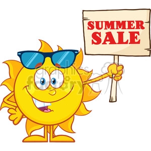 The image shows an anthropomorphic smiling sun character wearing sunglasses and holding up a sign that reads SUMMER SALE. The sun has a cheerful expression, with eyes looking forward and a wide smile showing teeth. The sun's rays extend outward, giving it a dynamic and lively appearance.