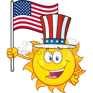 cute sun cartoon mascot character with patriotic hat holding an american flag vector illustration isolated on white background