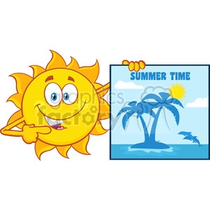 talking sun cartoon mascot character pointing to a poster sign with tropical island and text summer time vector illustration isolated on white background