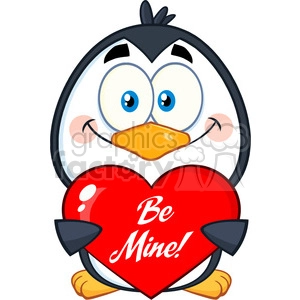 cute penguin cartoon character holding a be mine valentine heart vector illustration isolated on white