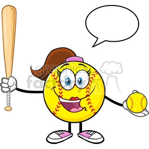 talking softball girl cartoon character holding a bat and ball with speech bubble vector illustration isolated on white background
