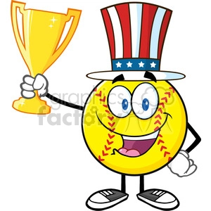 happy softball cartoon character with patriotic hat holding a trophy cup vector illustration isolated on white background