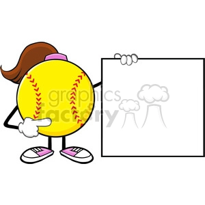 softball girl faceless cartoon mascot character pointing to a banner blank sign vector illustration isolated on white background