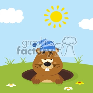 Cute Marmot Cartoon Character With Sleeping Hat Emerging From A Hole In Groundhog Day Vector Flat Design With Background