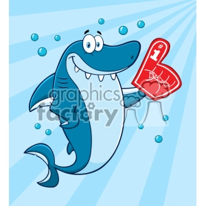 Clipart Cute Blue Shark Cartoon Wearing A Foam Finger Vector With Blue Sunburs Background