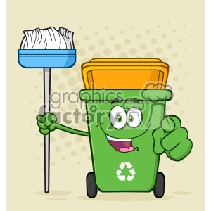 Open Green Recycle Bin Cartoon Mascot Character Holding A Broom And Pointing For Clining Vector With Halftone Background