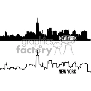 This image shows an outline of the New York City skyline. It is in a vector format, and has both a black and white version.