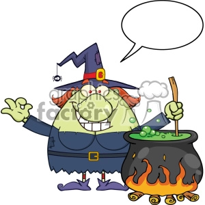Ugly Halloween Witch Cartoon Mascot Character Preparing A Potion In A Cauldron With Blank Speech Bubble Vector