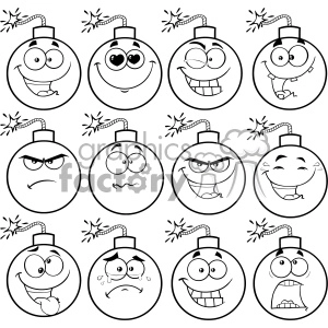 10835 Royalty Free RF Clipart Black And White Bomb Face Cartoon Mascot Character With Emoji Expressions Vector Illustration