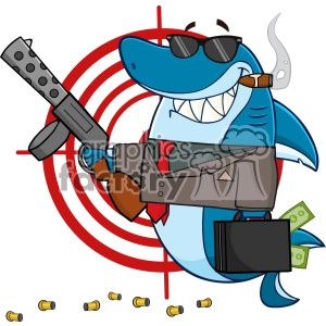 Smiling Shark Gangster Cartoon Carrying A Briefcase Holding Holding A Submachine Gun In Front Of A Target Vector Illustration