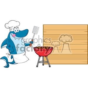 Chef Blue Shark Cartoon Licking His Lips And Holding A Spatula By A Barbeque With Roasted Burgers To Wooden Blank Board Vector Illustration