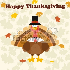 Thanksgiving Turkey Bird Wearing A Pilgrim Hat Under Happy Thanksgiving Text Vector Flat Design Over Background With Autumn Leaves