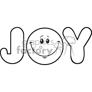 The clipart image displays the word joy spelled out in a whimsical manner where the letter o is replaced by a happy, smiling emoticon face. The letters j and y have been styled with large, curved lines to give a playful and fun look to the word as a whole.