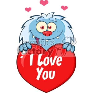 10654 Royalty Free RF Clipart Happy Little Yeti Cartoon Mascot Character Over A Valentine Love Heart Vector With Text I love You