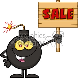 10805 Royalty Free RF Clipart Smiling Bomb Cartoon Mascot Character Holding A Wooden Sale Sign Vector Illustration