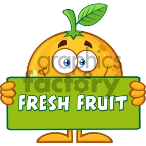 Royalty Free RF Clipart Illustration Smiling Orange Fruit Cartoon Mascot Character Holding A Banner With Text Fresh Fruit Vector Illustration Isolated On White Background