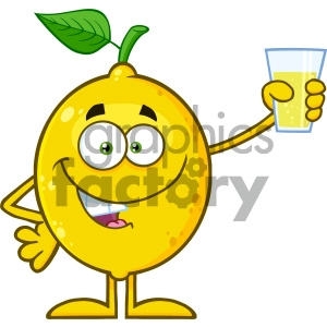 Royalty Free RF Clipart Illustration Yellow Lemon Fresh Fruit With Green Leaf Cartoon Mascot Character Presenting And Holding Up A Glass Of Lemonade Vector Illustration Isolated On White Background