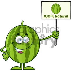 Green Watermelon Fresh Fruit Cartoon Mascot Character Presenting A 100 Percent Natural Sign