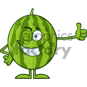 Royalty Free RF Clipart Illustration Winking Green Watermelon Fresh Fruit Cartoon Mascot Character Giving A Thumb Up Vector Illustration Isolated On White Background