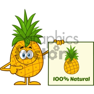Smiling Pineapple Fruit With Green Leafs Cartoon Mascot Character Pointing To A 100 Percent Natural Sign