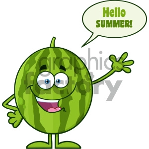 Royalty Free RF Clipart Illustration Happy Green Watermelon Fruit Cartoon Mascot Character Waving For Greeting With Speech Bubble And Text Hello Summer Vector Illustration Isolated On White Background