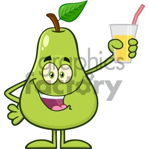 Royalty Free RF Clipart Illustration Pear Fruit With Green Leaf Cartoon Mascot Character Holding Up A Glass Of Juice Vector Illustration Isolated On White Background