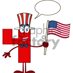 Patriotic Red Number Four Cartoon Mascot Character Wearing A USA Hat And Waving An American Flag With Speech Bubble