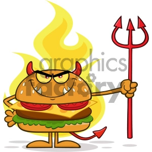 Angry Devil Burger Cartoon Character Holding A Trident Over Flames Vector Illustration Isolated On White Background