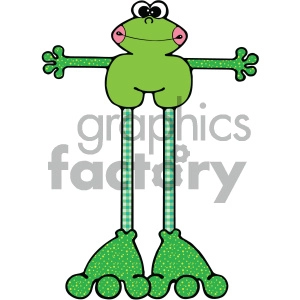 The image shows a cartoon frog with exaggerated features. The frog has a large, rounded body that is green with visible curves suggesting its chubby form. Its eyes are prominent and bulging with black outlines and small white highlights, giving it a surprised or inquisitive expression. The arms and legs are stretched out with a pattern: the arms have yellow spots on green, and the legs have a plaid pattern of green and blue. Its feet are oversized with the same yellow-spotted green pattern. The frog has a slight frown and rosy pink cheeks.