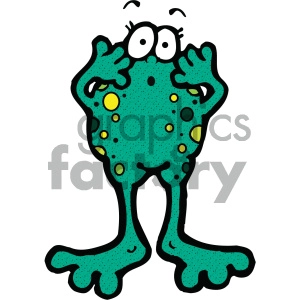 The image is a clipart of a cartoon frog. The frog is standing upright and appears surprised or shocked, with its mouth closed and eyes wide open. It has a green body with darker green spots and yellow accent spots. Its feet are large and flat with slight webbing indicated.
