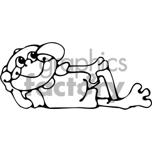 The image is a black and white line drawing of a cartoon frog. The frog is depicted in a laid-back, reclining pose with a large, friendly smile on its face.