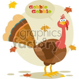 Thanksgiving Turkey Bird Cartoon Mascot Character Vector Illustration Flat Design Isolated On no Background With Autumn Leaves And Speech Bubble Text