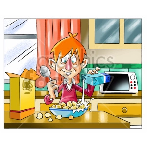 kid making cereal in the morning clipart