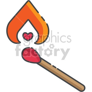 The clipart image depicts a burning match, with a flame made out of different-sized shapes, and a red heart-shaped flame coming off the match. The image is associated with Valentine's Day and symbolizes the idea that love is like a burning flame
