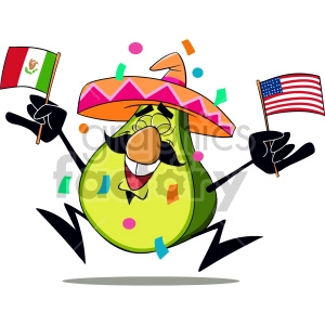The clipart image depicts an animated avocado wearing a sombrero and maracas, celebrating Cinco de Mayo, a Mexican holiday. The avocado is shown dancing and seems to be happy while surrounded by confetti and other party supplies. The image implies that avocados are a popular food item during Cinco de Mayo celebrations.
