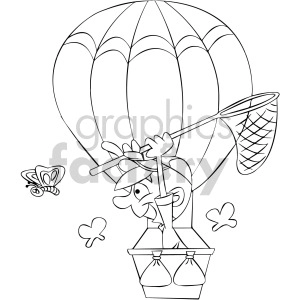 black and white cartoon man in hot air balloon