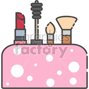This clipart image shows a pink and white spotted makeup bag. The bag is filled with various cosmetics such as lipstick, eyeshadow, mascara and brushes. This image could potentially be associated with the beauty industry, makeup artists, or just personal use