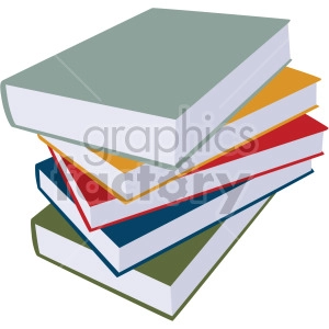 The clipart image shows a stack of books without a background. The books are piled on top of each other, with the spine facing outward. It represents a pile of books commonly used in schools and education settings.

