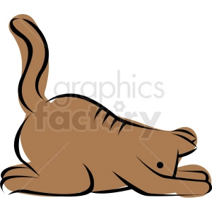 This image depicts a stylized cartoon of a brown cat in a playful, stretching yoga-like pose, often referred to as the downward dog pose, despite being a cat.